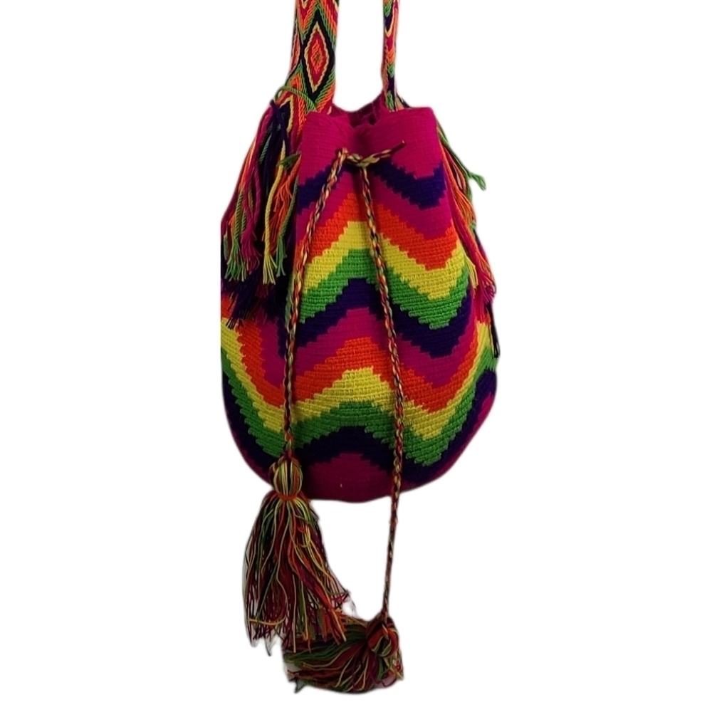 Wayuu Mochila Hand Woven Colombian Crossbody Bag Zigzag Pattern Multicolored